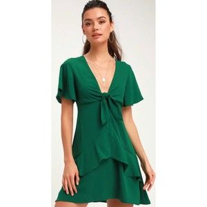 LULUS Green Tie-Front Ruffled Skater Mini Dress